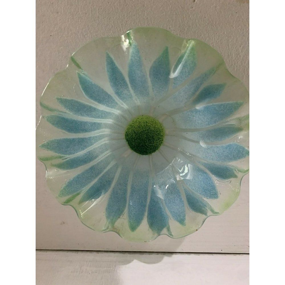 Vintage Green Art Glass Trinket Dish, Signed On Bottom, Blue Flower